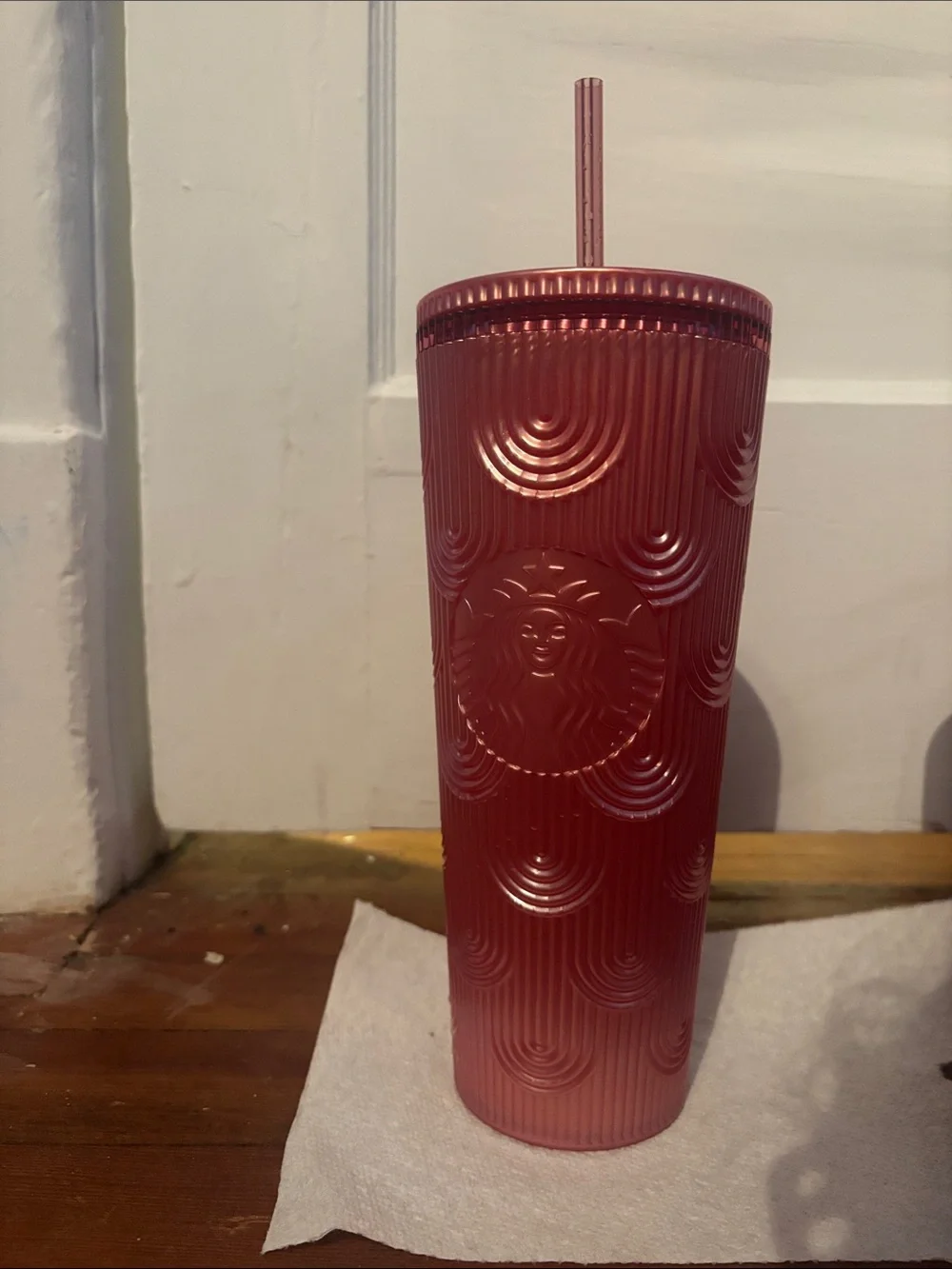 Starbucks Metallic Rose Red Tall Tumbler with Straw